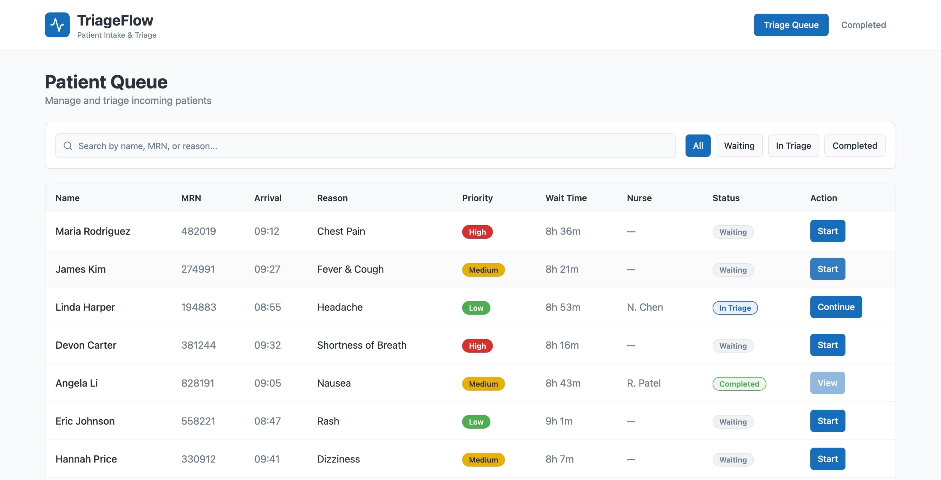 TriageFlow walkthrough: patient triage assessment with priority escalation